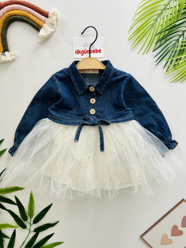 Parıltılı Tüllü Kot Elbiseli Premium Kalite Elbise