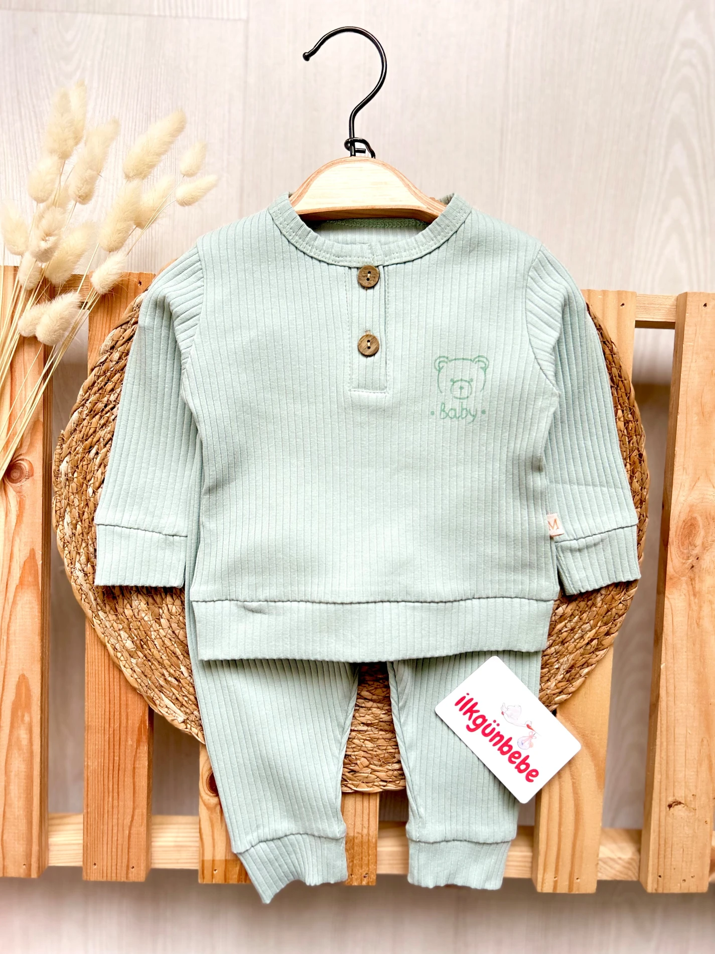 Baby Bear Ahşap Düğmeli Kaşkorse Esnek Kumaş 2’li Takım