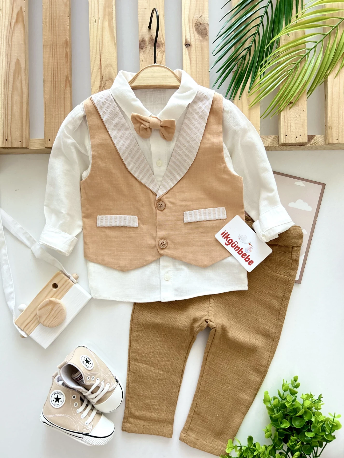 Papyonlu Sahte Yelekli Keten Kumaş Premium Kaliteli Papyonlu Şık Takım