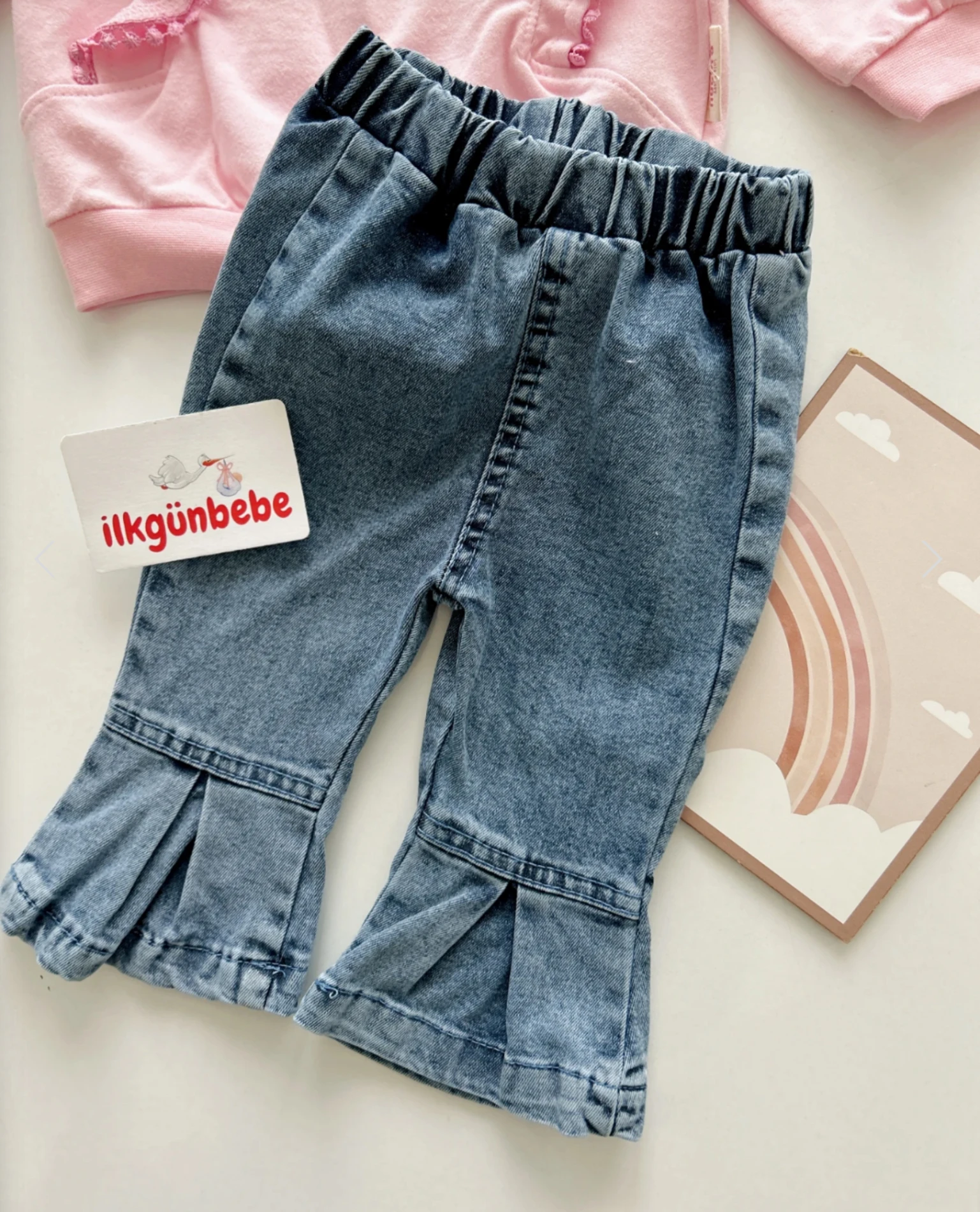 Zeyna Omuzdan Fırfırlı İspanyol Kot Pantalonlu 2’li %100 Pamuk Premium Takım