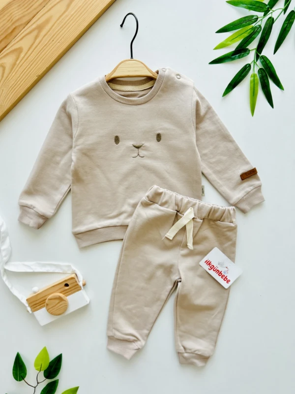 Ayıcık Nakışlı Omuzdan Çıtçıtlı Esnek Eşofmanlı 2’li Takım