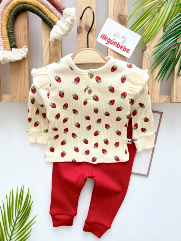 Çilek Desenli Omuz Detaylı Esnek Kumaş 2’li Mevsimlik Takım