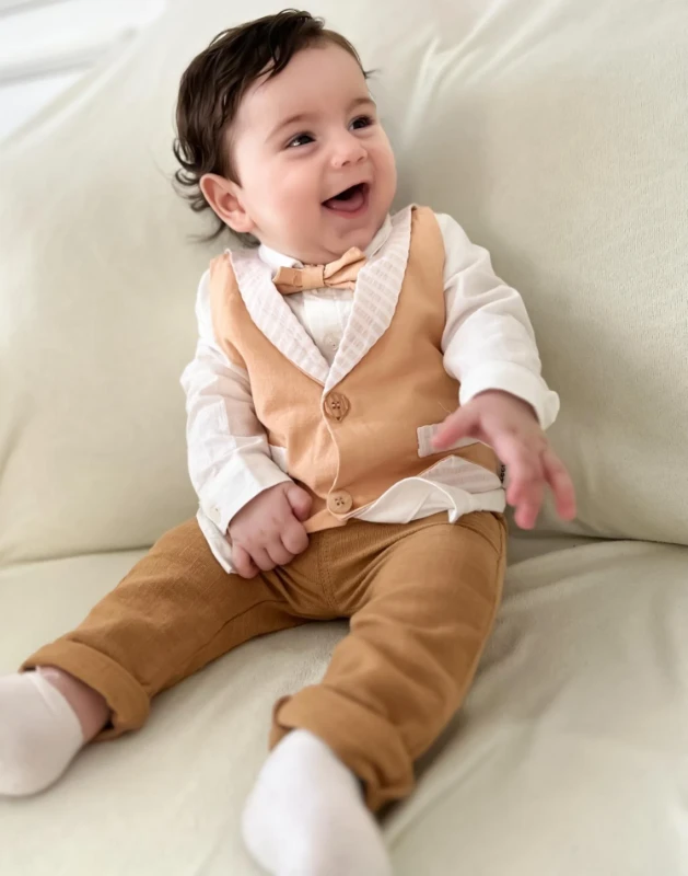 Papyonlu Sahte Yelekli Keten Kumaş Premium Kaliteli Papyonlu Şık Takım