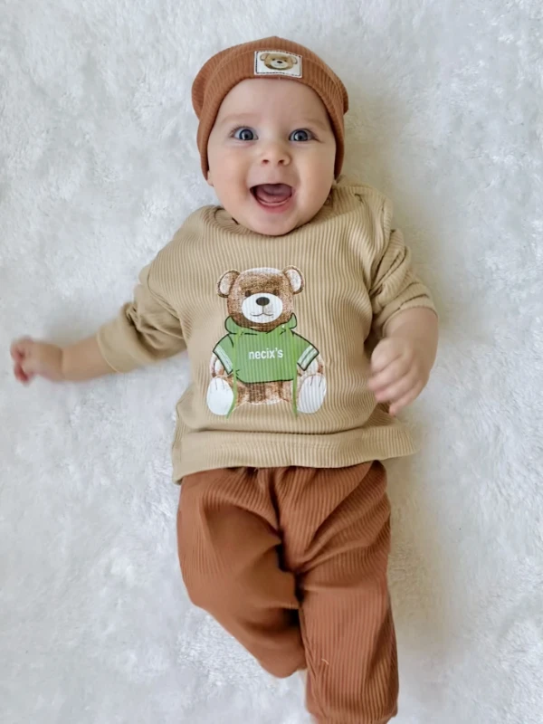 Sevimli Bear Fitilli Kaşkorşe Esnek Kumaş Şapkalı 3’lü Takım