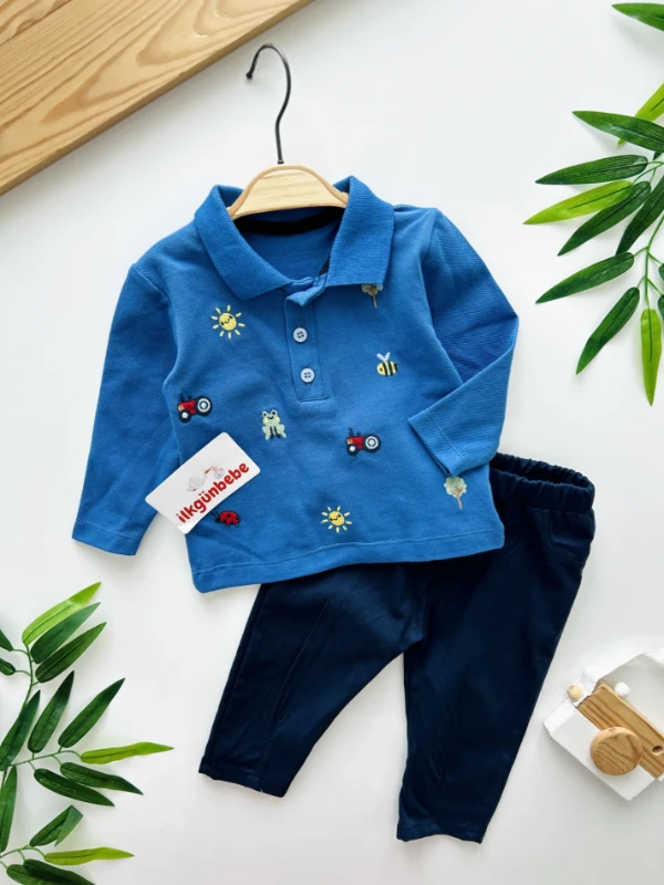 Sevimli Figürler Baskılı Polo Yaka Keten Pantalonlu 2’li Cool Takım