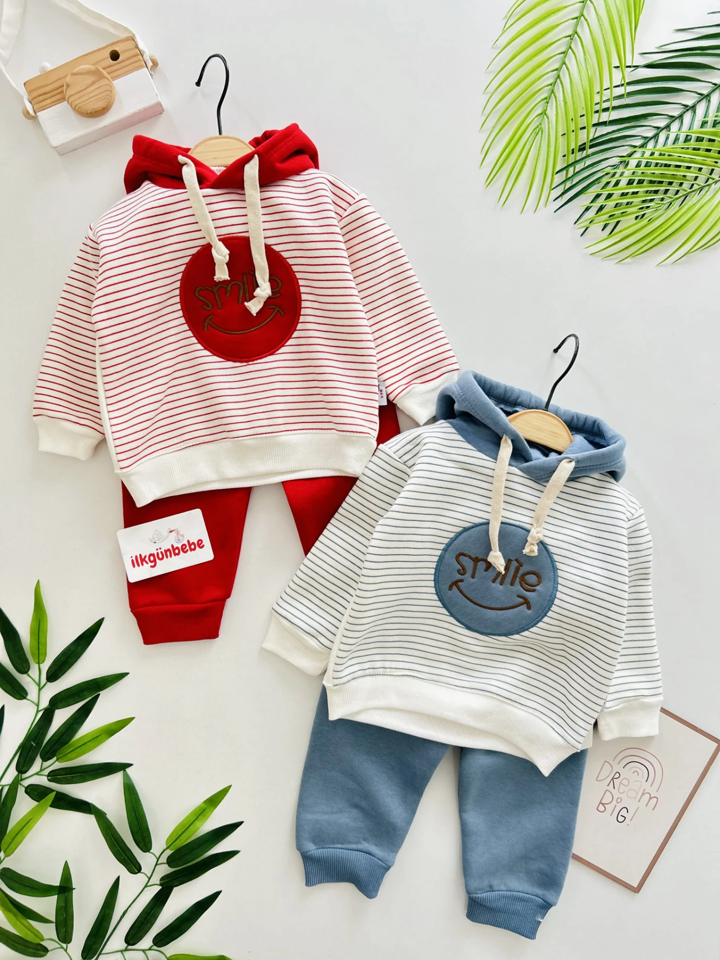 Smile Çizgili Desenli Kapüşonlu 3 İp İçi Şardonlu 2’li Takım