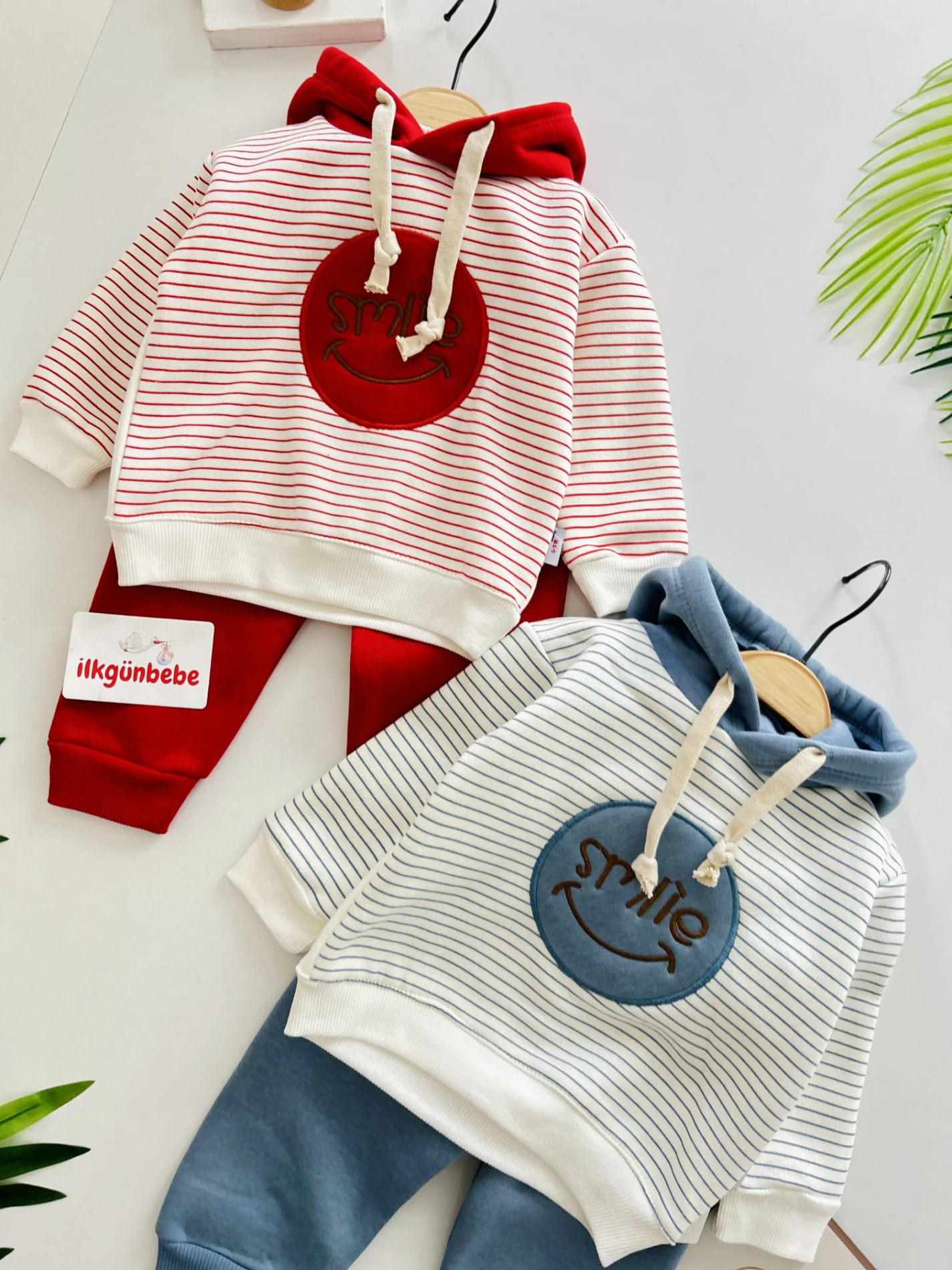 Smile Çizgili Desenli Kapüşonlu 3 İp İçi Şardonlu 2’li Takım