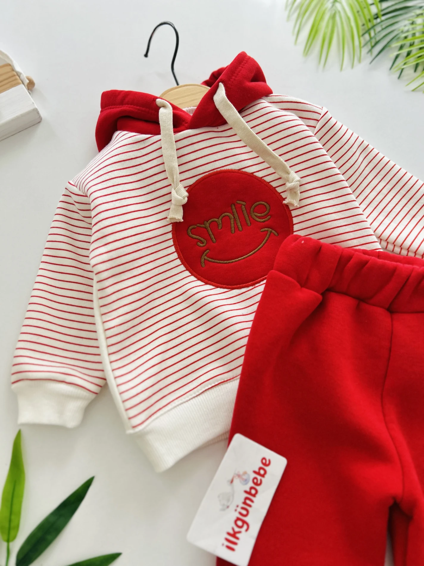 Smile Çizgili Desenli Kapüşonlu 3 İp İçi Şardonlu 2’li Takım