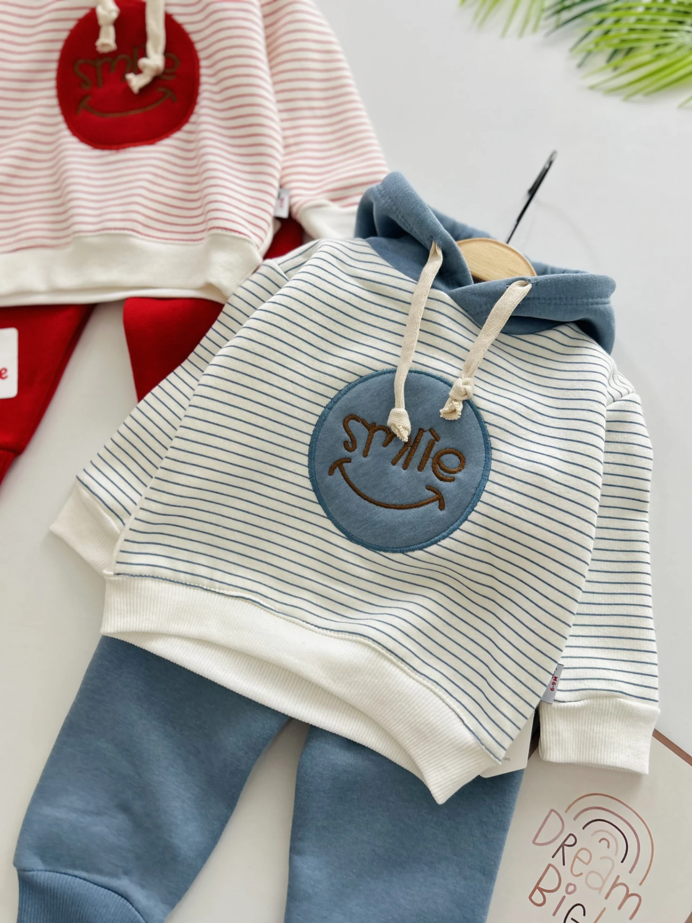 Smile Çizgili Desenli Kapüşonlu 3 İp İçi Şardonlu 2’li Takım