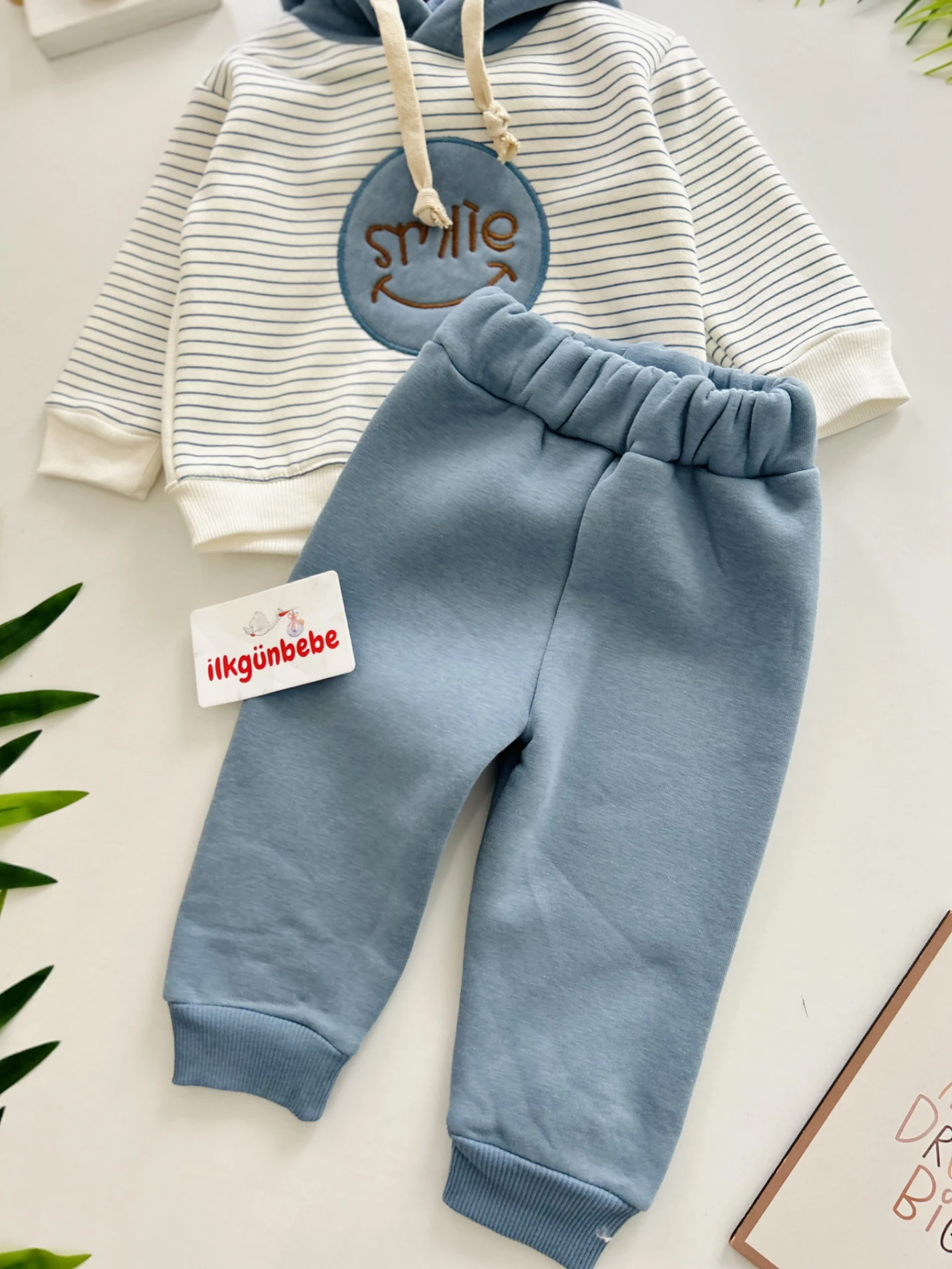 Smile Çizgili Desenli Kapüşonlu 3 İp İçi Şardonlu 2’li Takım