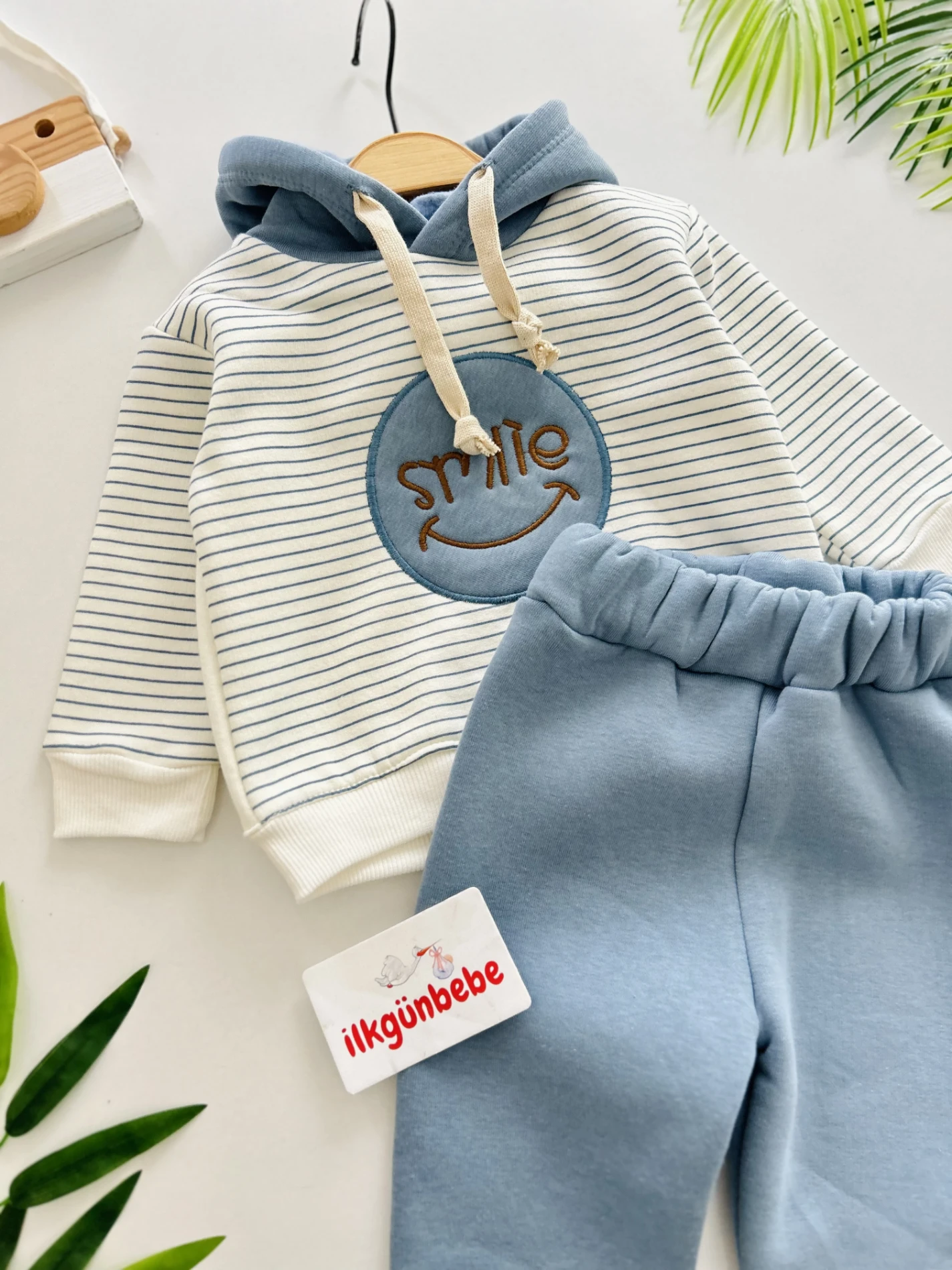 Smile Çizgili Desenli Kapüşonlu 3 İp İçi Şardonlu 2’li Takım