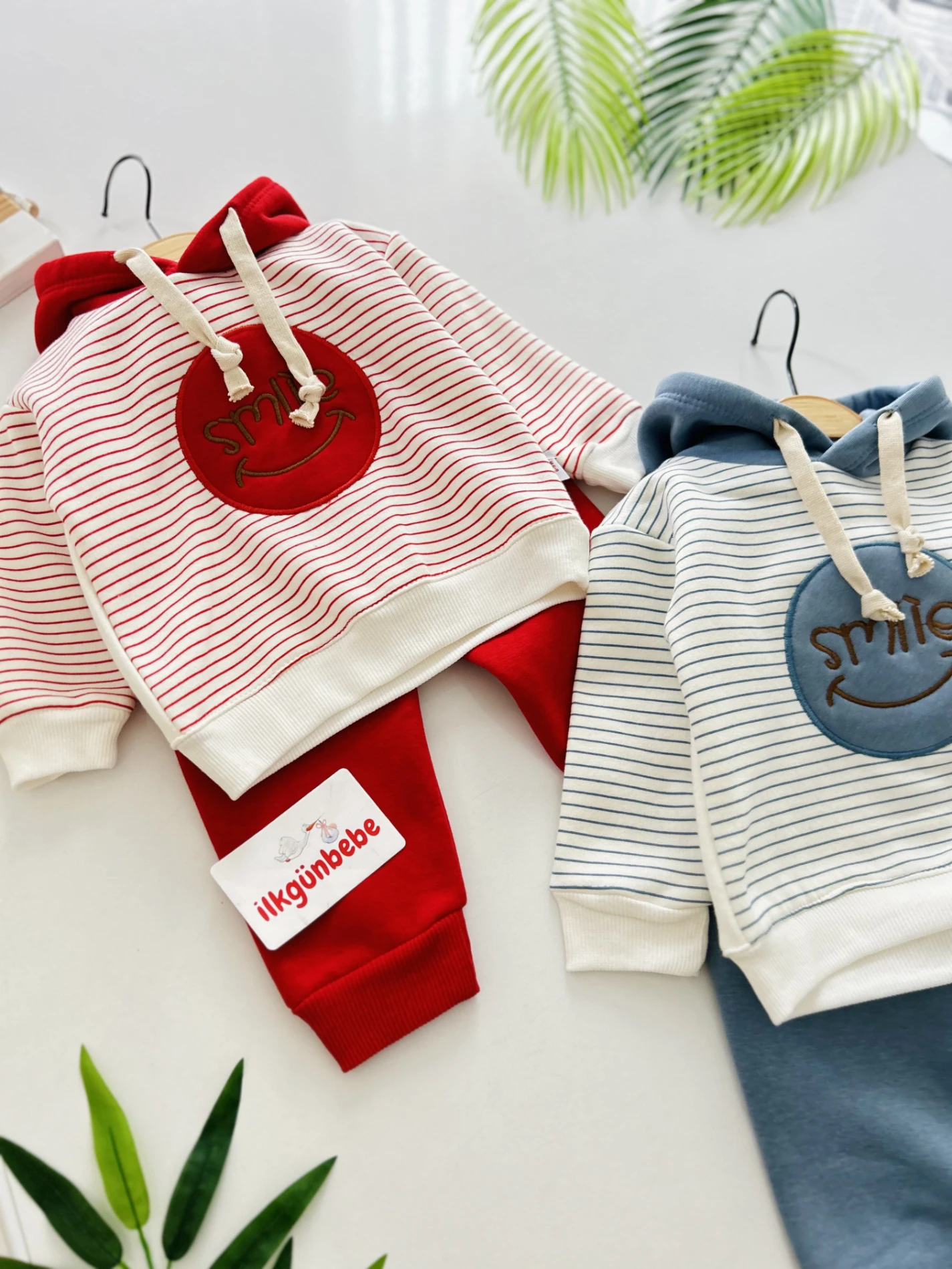 Smile Çizgili Desenli Kapüşonlu 3 İp İçi Şardonlu 2’li Takım