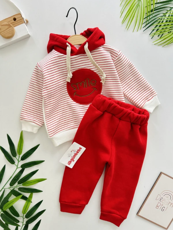 Smile Çizgili Desenli Kapüşonlu 3 İp İçi Şardonlu 2’li Takım