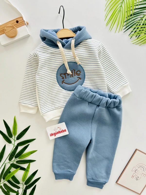 Smile Çizgili Desenli Kapüşonlu 3 İp İçi Şardonlu 2’li Takım