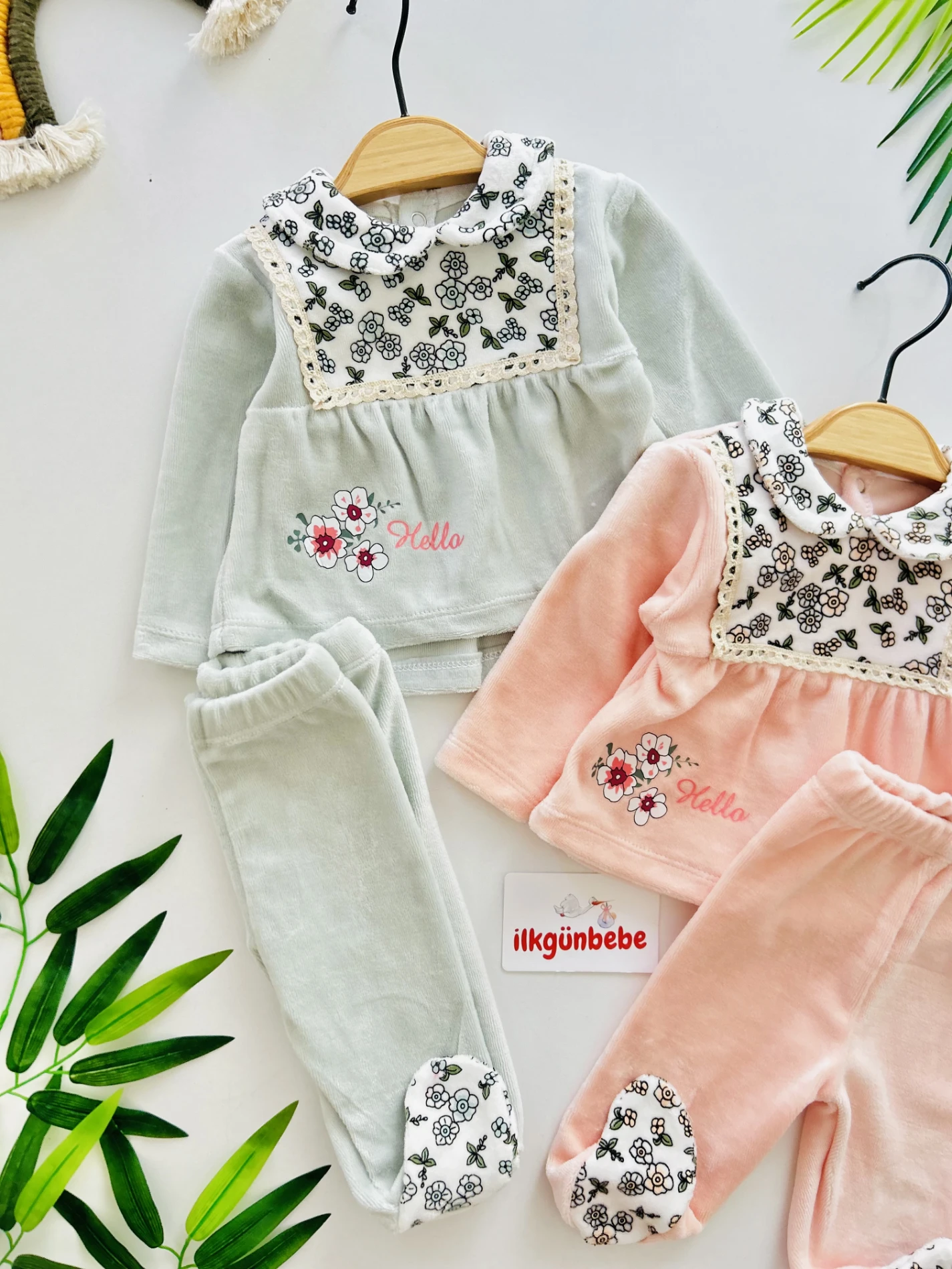 Çiçek Desenli Kadife Kumaş 2’li Premium Takım