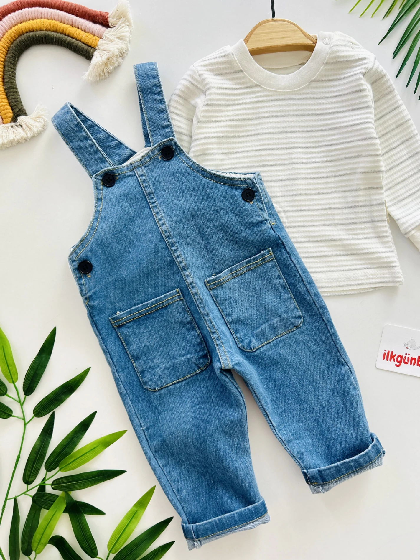 Çizgili Bodyli  Premium Kalite Likralı Esnek Kot Salopetli Takım