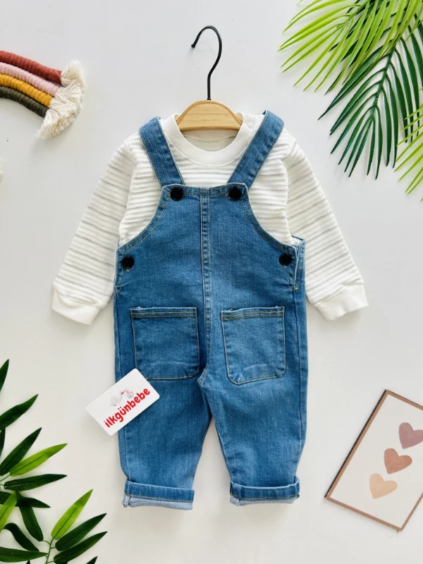 Çizgili Bodyli  Premium Kalite Likralı Esnek Kot Salopetli Takım