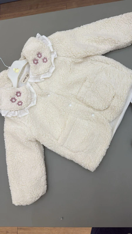 Fisto Yaka Çiçek Nakışlı Peluş Mont Ceket