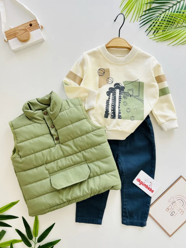 Şişme Yelekli Montlu Sweatli Kot Pantalonlu 3’lü Takım