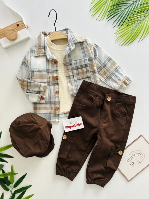 Harry Oduncu Ekose Kalın Gömlekli Waffle Nefes alan Kumaş Badili Kargo Pantalonlu Şapkalı 4’lü Premium Kalite Takıl