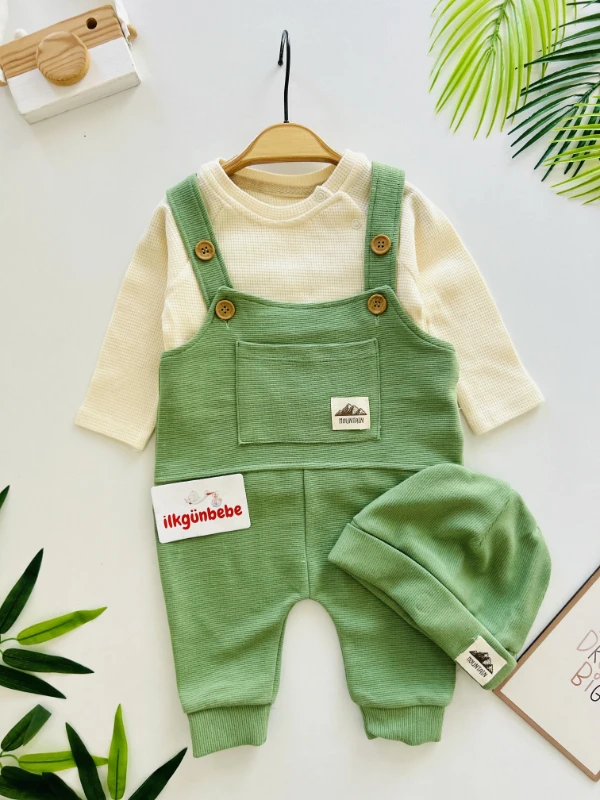 Salopet Bereli Waffle Badili %100 Pamuk Erkek Bebek Tulum