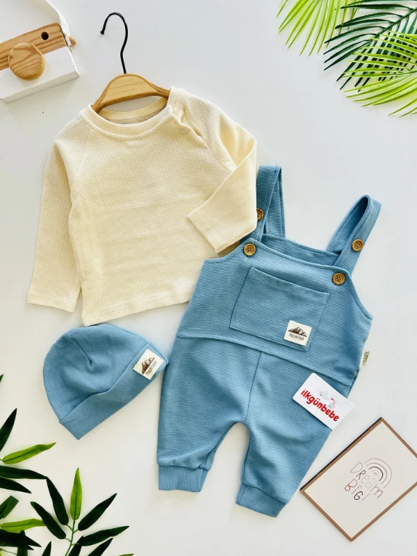 Salopet Bereli Waffle Badili %100 Pamuk Erkek Bebek Tulum