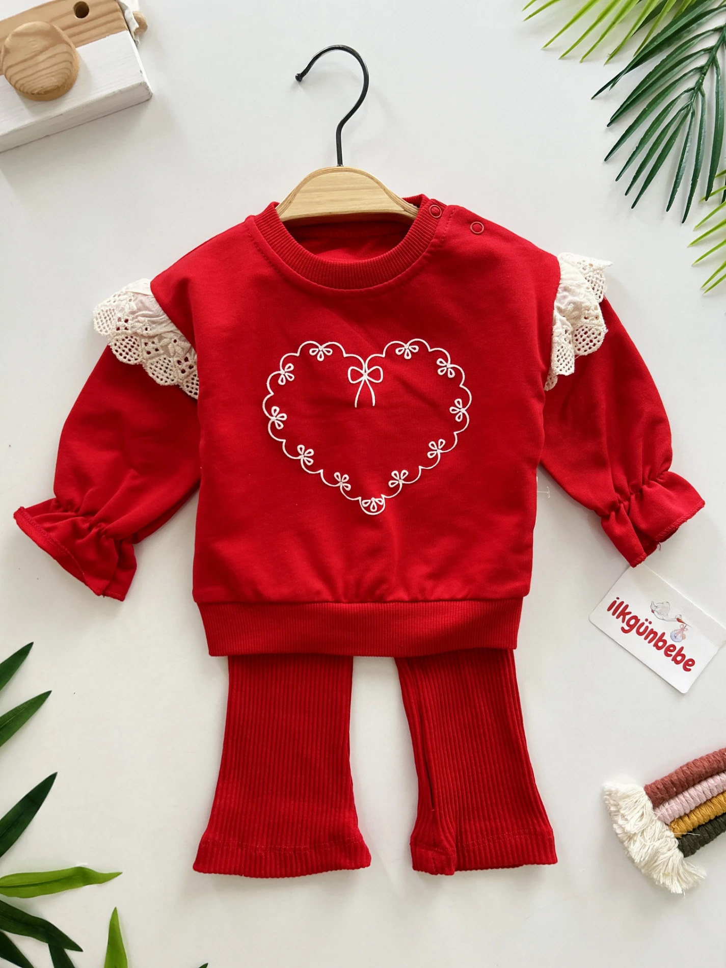 Kalp Desenli %100 Pamuk İspanyol Paça 2’li Takım