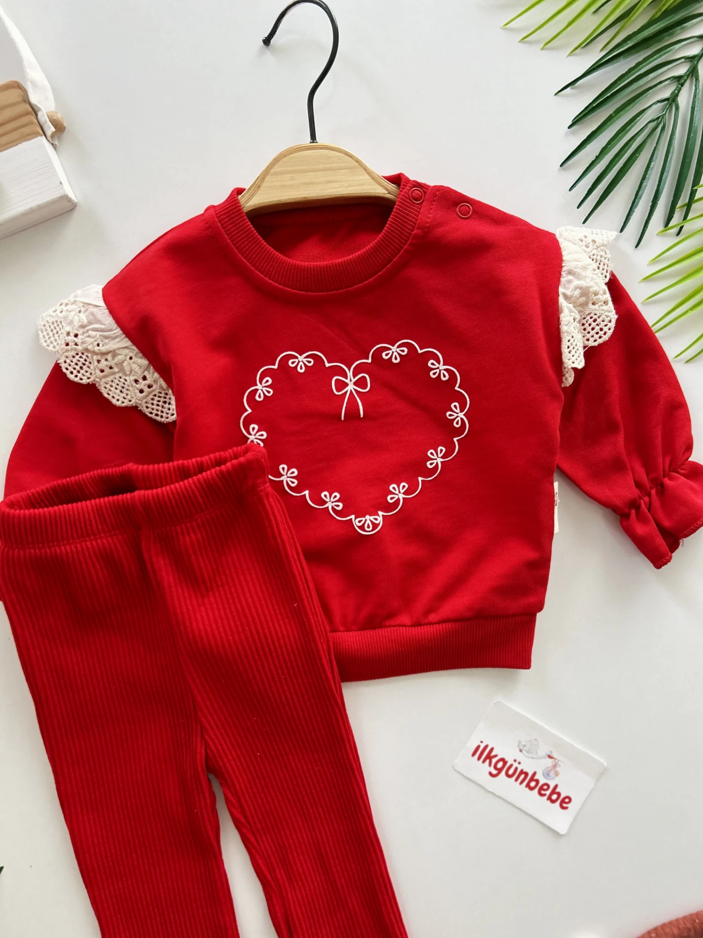 Kalp Desenli %100 Pamuk İspanyol Paça 2’li Takım