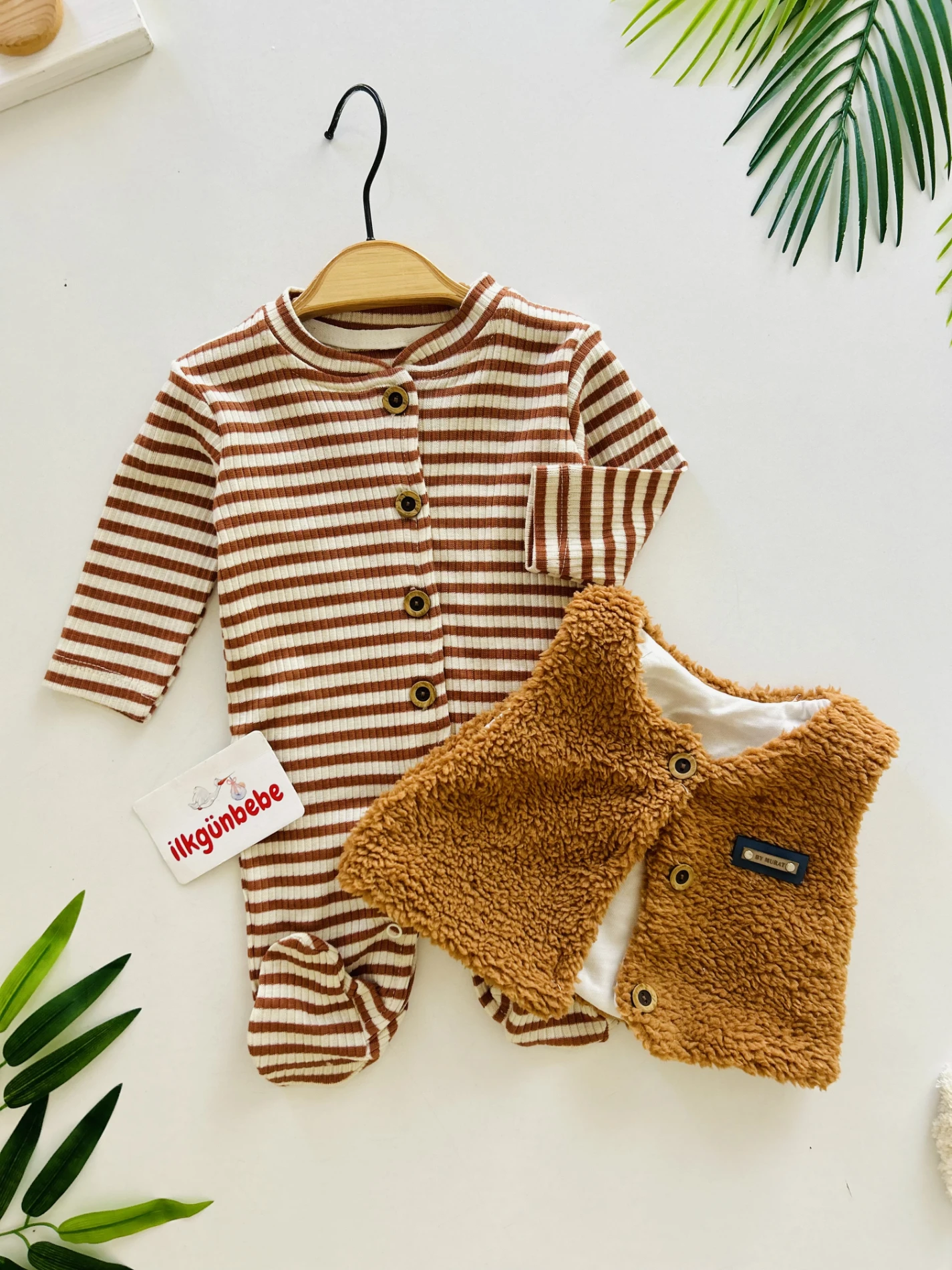 Peluş Yelekli Çizgili %100 Pamuk 2’li Tulum Set