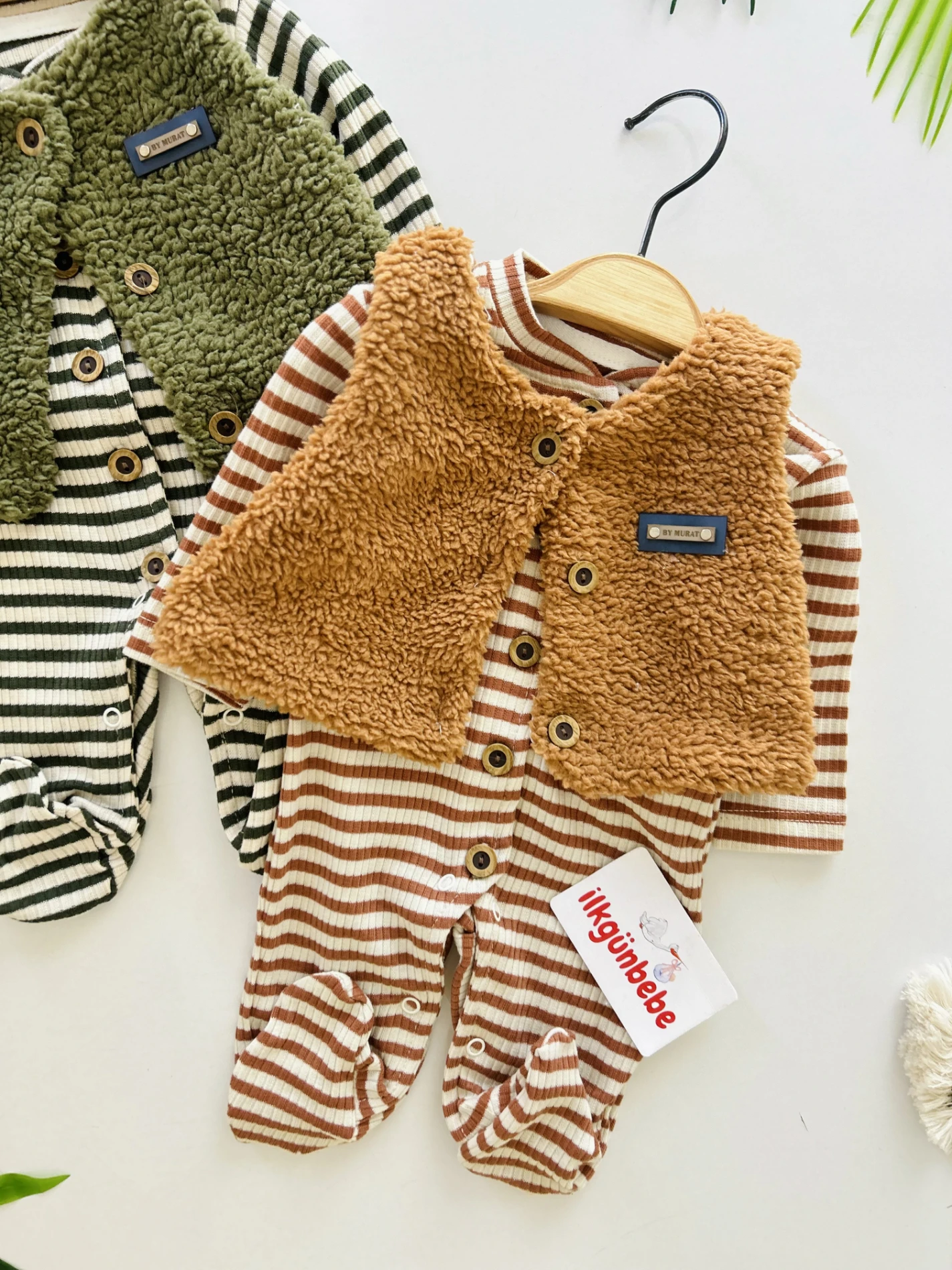 Peluş Yelekli Çizgili %100 Pamuk 2’li Tulum Set