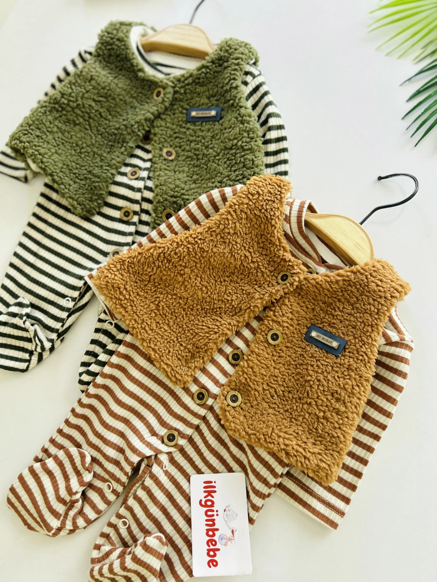 Peluş Yelekli Çizgili %100 Pamuk 2’li Tulum Set