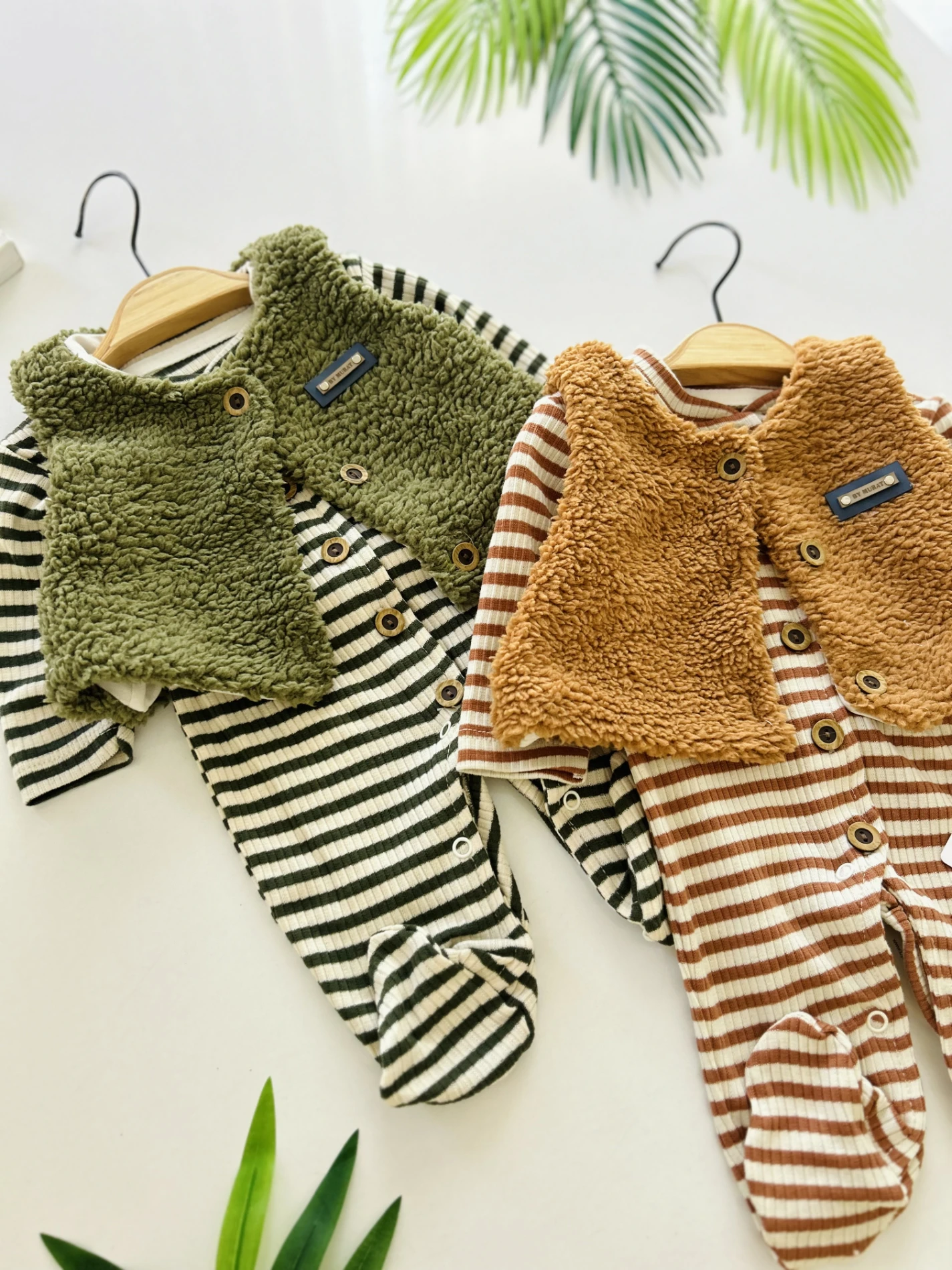 Peluş Yelekli Çizgili %100 Pamuk 2’li Tulum Set