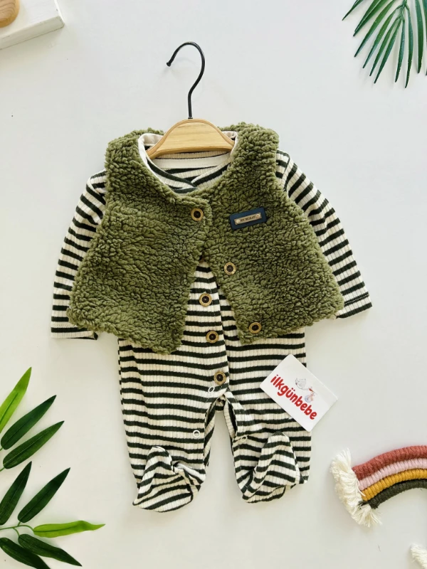 Peluş Yelekli Çizgili %100 Pamuk 2’li Tulum Set