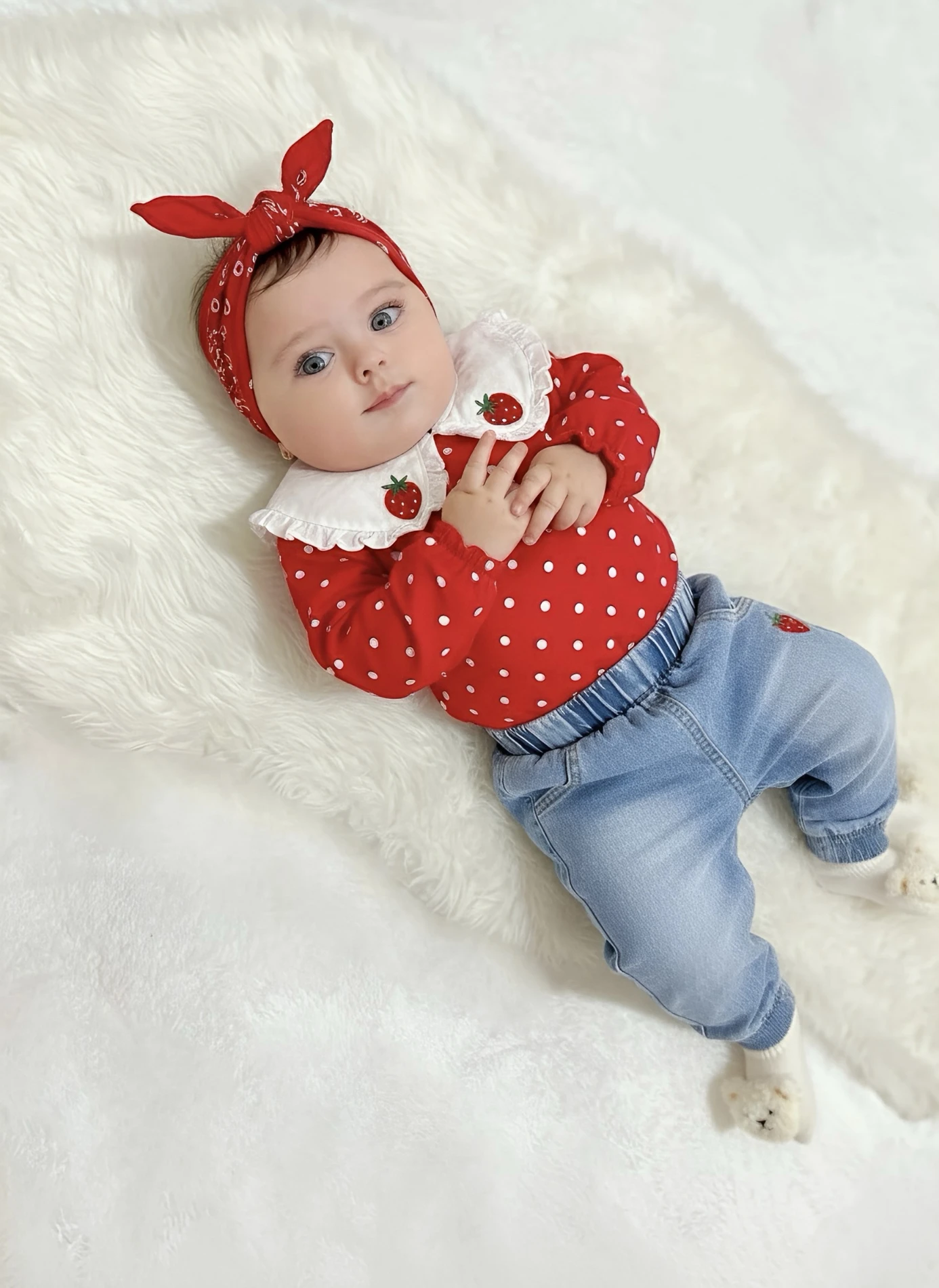 Çilek Yakalı Müslin Kumaş Sweatli Kot Pantalonlu Premium Kalite Takım