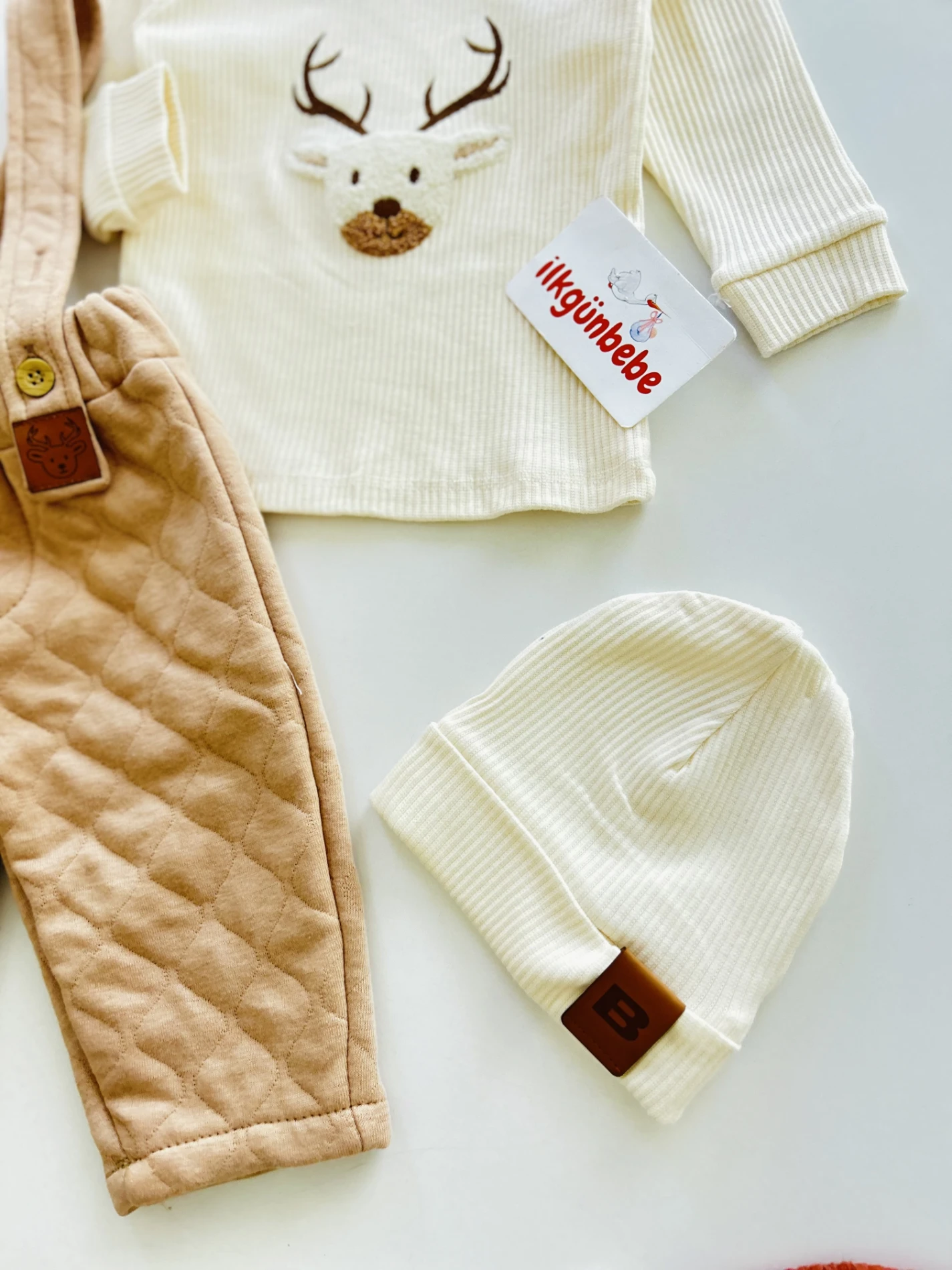 Ribanalı Esnek Kumaş Bodyli Kapitone Kumaş Salopetli Bereli 3’lü Takım