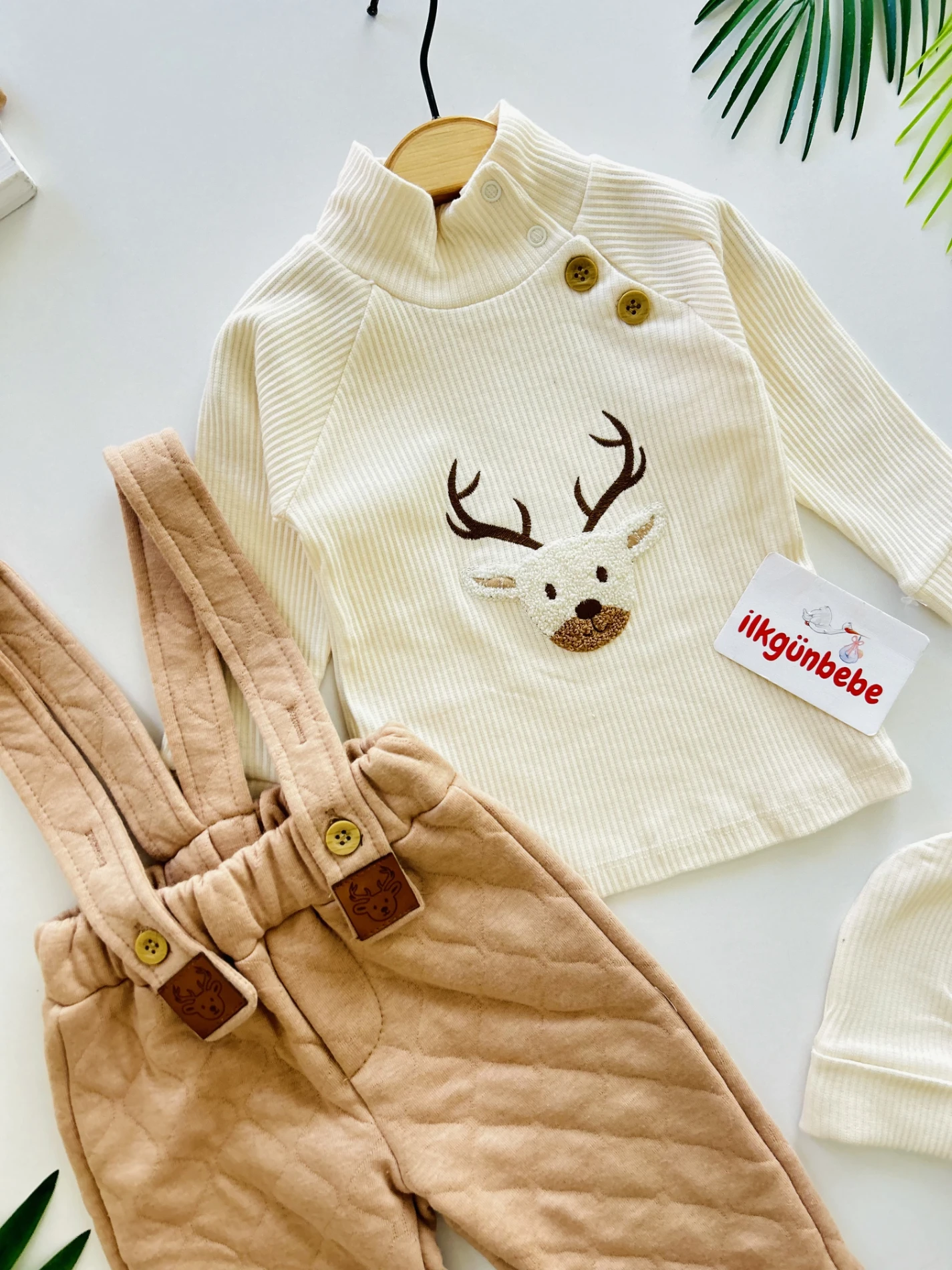 Ribanalı Esnek Kumaş Bodyli Kapitone Kumaş Salopetli Bereli 3’lü Takım