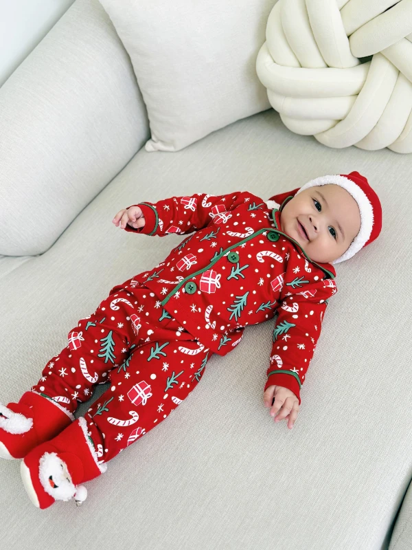 Bebe Yaka Yılbaşı Temalı %100 Pamuk Ponpon Şapkalı 3’lü Takım