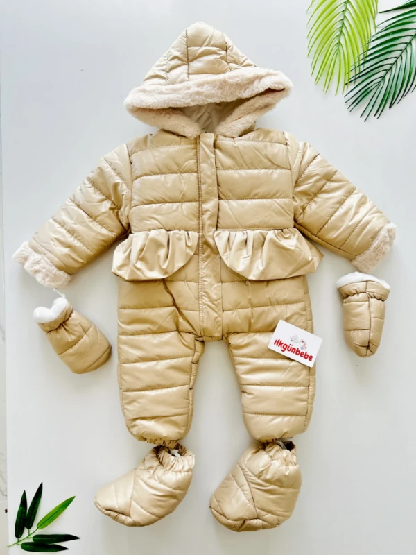 Kapüşonlu  Tüylü Fermuarlı İçi Welsoft Peluş Ultra Lüx Çıkarılabilir Ayakkabılı Eldivenli  Kozmonot Tulum Set