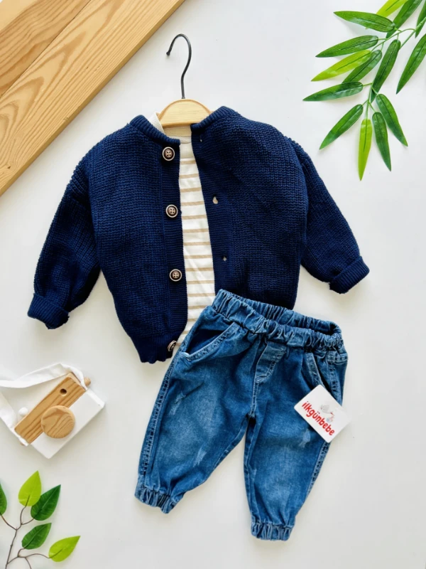 Triko Hırkalı Likralı Yumuşacık Organik Kot Pantalonlu Omuzdan Çıtçıtlı Badili 3’lü Premium Kalite Takım