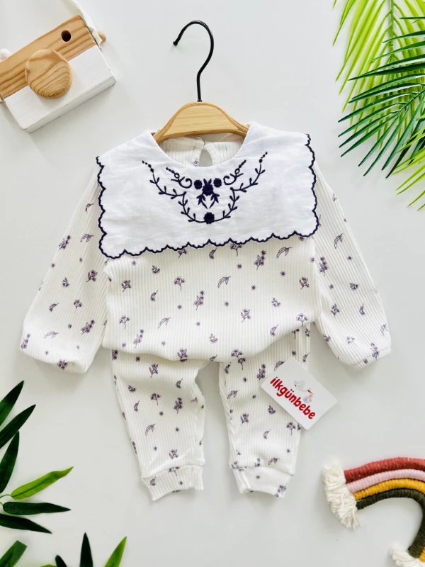 Yaka Detaylı Çiçek Desenli Kaşkorse Fitilli Esnek Kumaş 2’li Takım