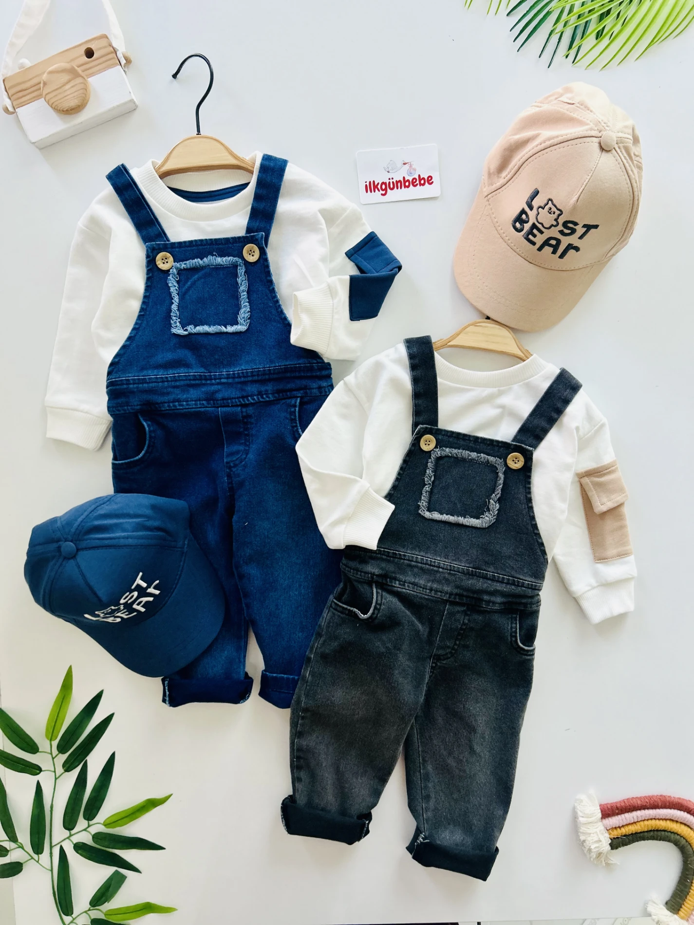 Salopet Şapkalı Cep Detaylı Likralı Kot Salopet Erkek Bebek Takım 