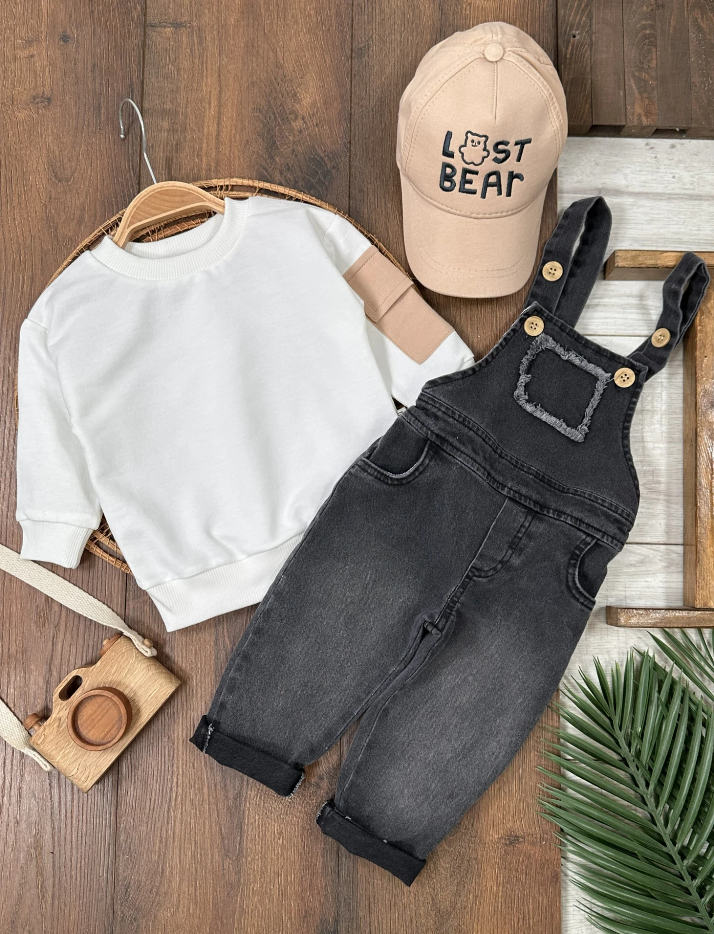 Salopet Şapkalı Cep Detaylı Likralı Kot Salopet Erkek Bebek Takım 