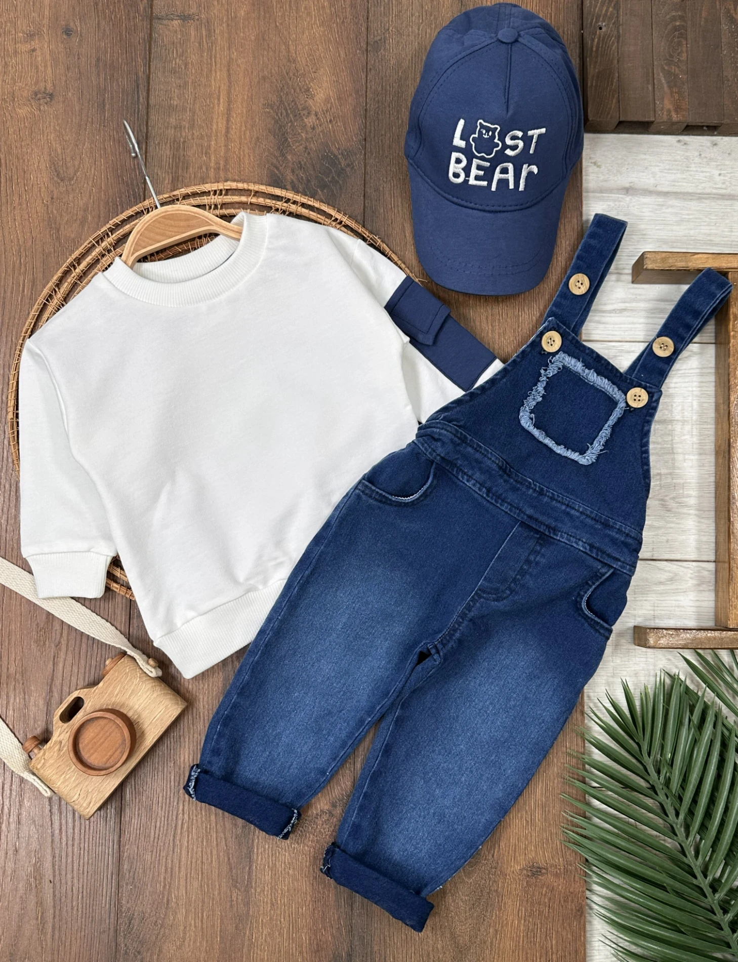 Salopet Şapkalı Cep Detaylı Likralı Kot Salopet Erkek Bebek Takım 