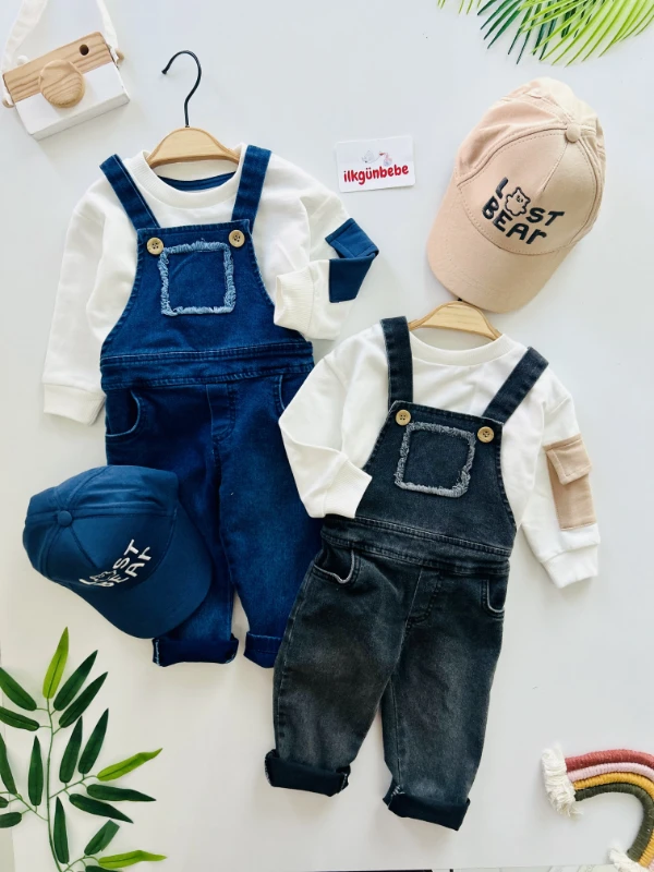 Salopet Şapkalı Cep Detaylı Likralı Kot Salopet Erkek Bebek Takım 