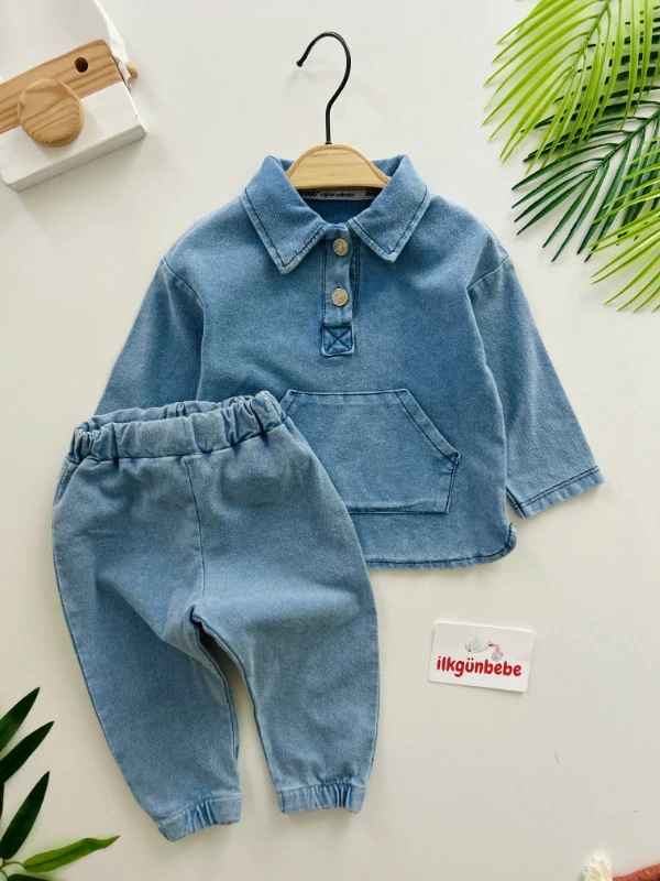 Polo Yaka Likralı Örme Esnek Kot 2’li Takım