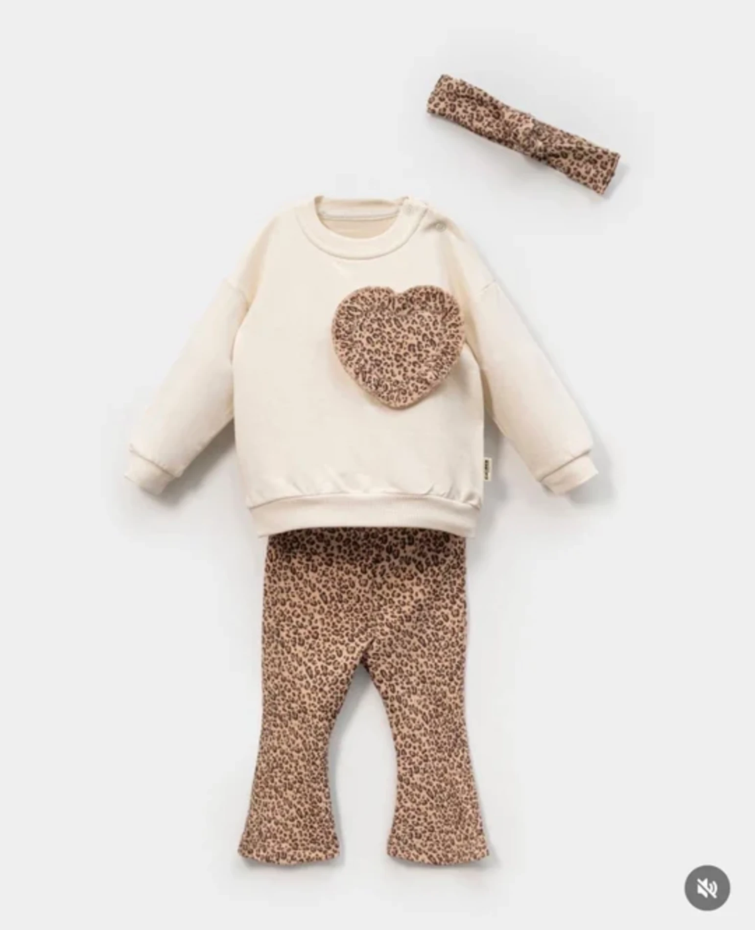 Leopar Kalp Nakışlı %100 Pamuk İspanyol Paça Bandanalı 3’lü Takım