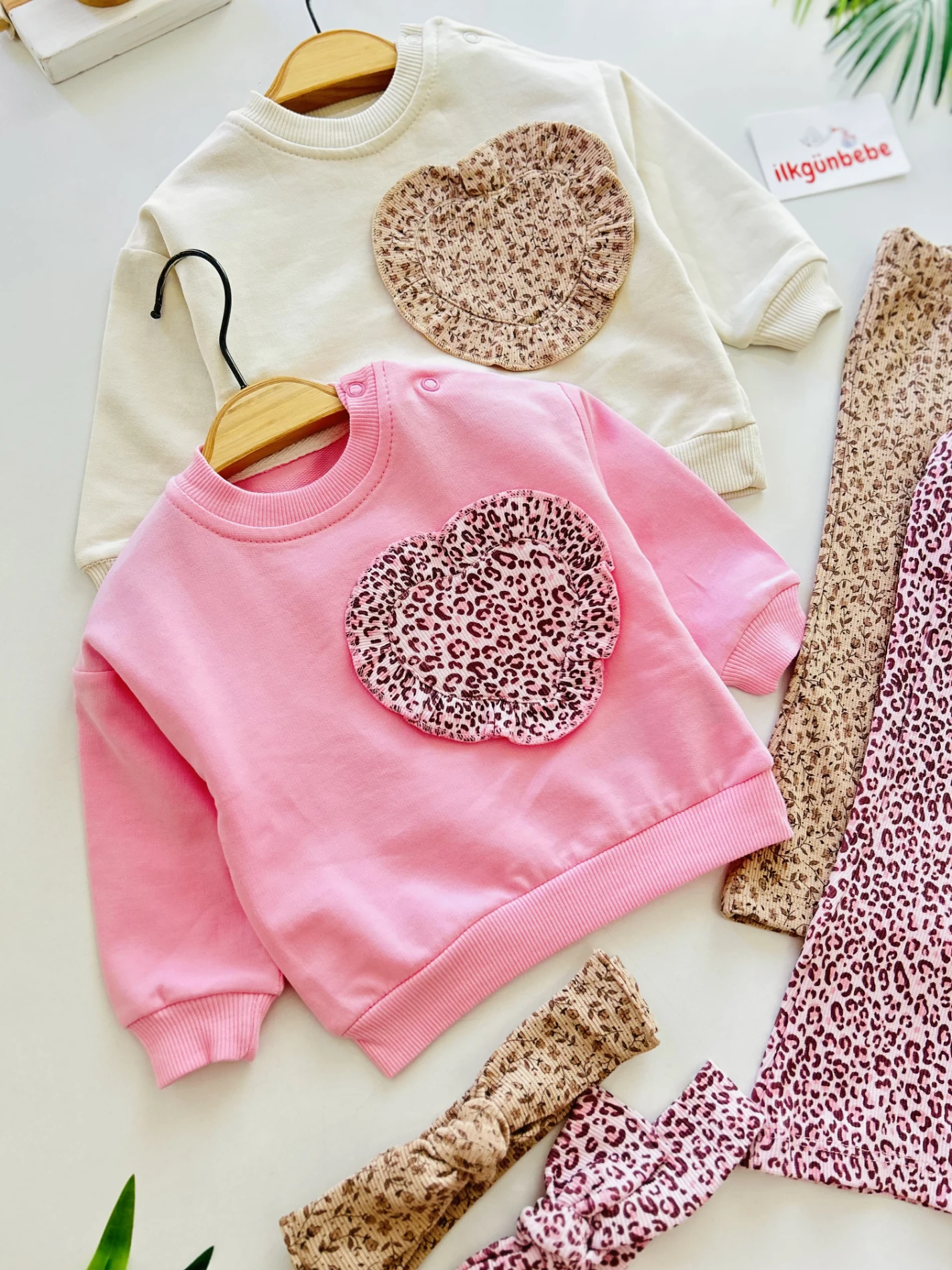 Leopar Kalp Nakışlı %100 Pamuk İspanyol Paça Bandanalı 3’lü Takım