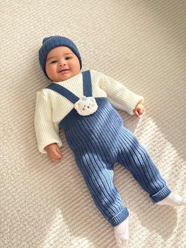 Selanik Örgüsü Triko Kazaklı Oyuncak Detaylı Çarpraz Askılı Salopetli Ponpon Şapkalı 3’lü Takım