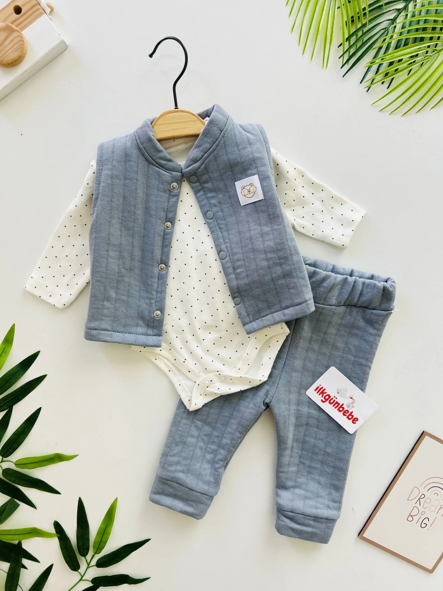 Puantiyeli Bodyli Yelekli %100 Pamuk 3’lü Takım