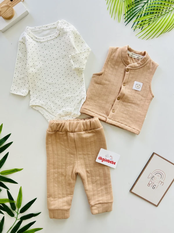 Puantiyeli Bodyli Yelekli %100 Pamuk 3’lü Takım